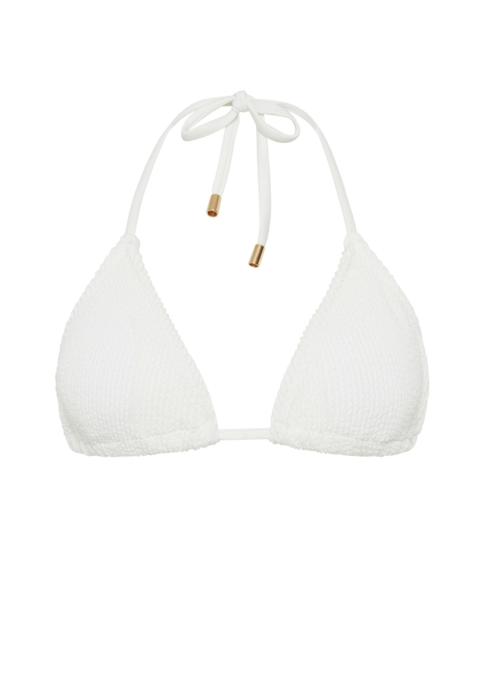 White textured triangle bikini top with removable padding, tie neck and back for fully adjustable custom fit. 