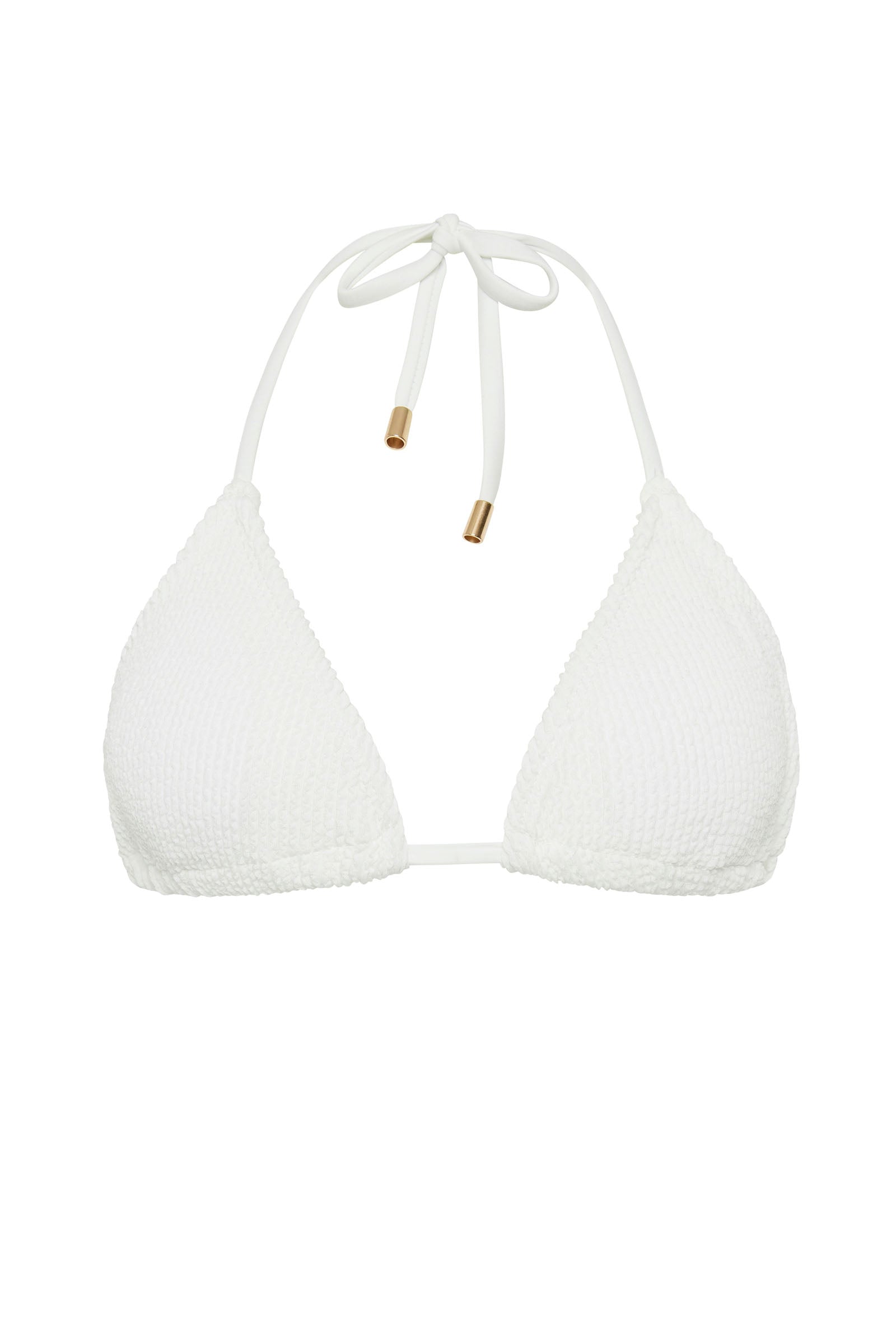 White textured triangle bikini top with removable padding, tie neck and back for fully adjustable custom fit. 
