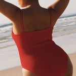 Textured Red flattering, full coverage swimsuit with adjustable shoulder straps and in-built shelf bra. 