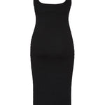 Black textured bodycon midi dress with inbuilt bra support, square neckline, side split and a sleek, sculpting fit. 