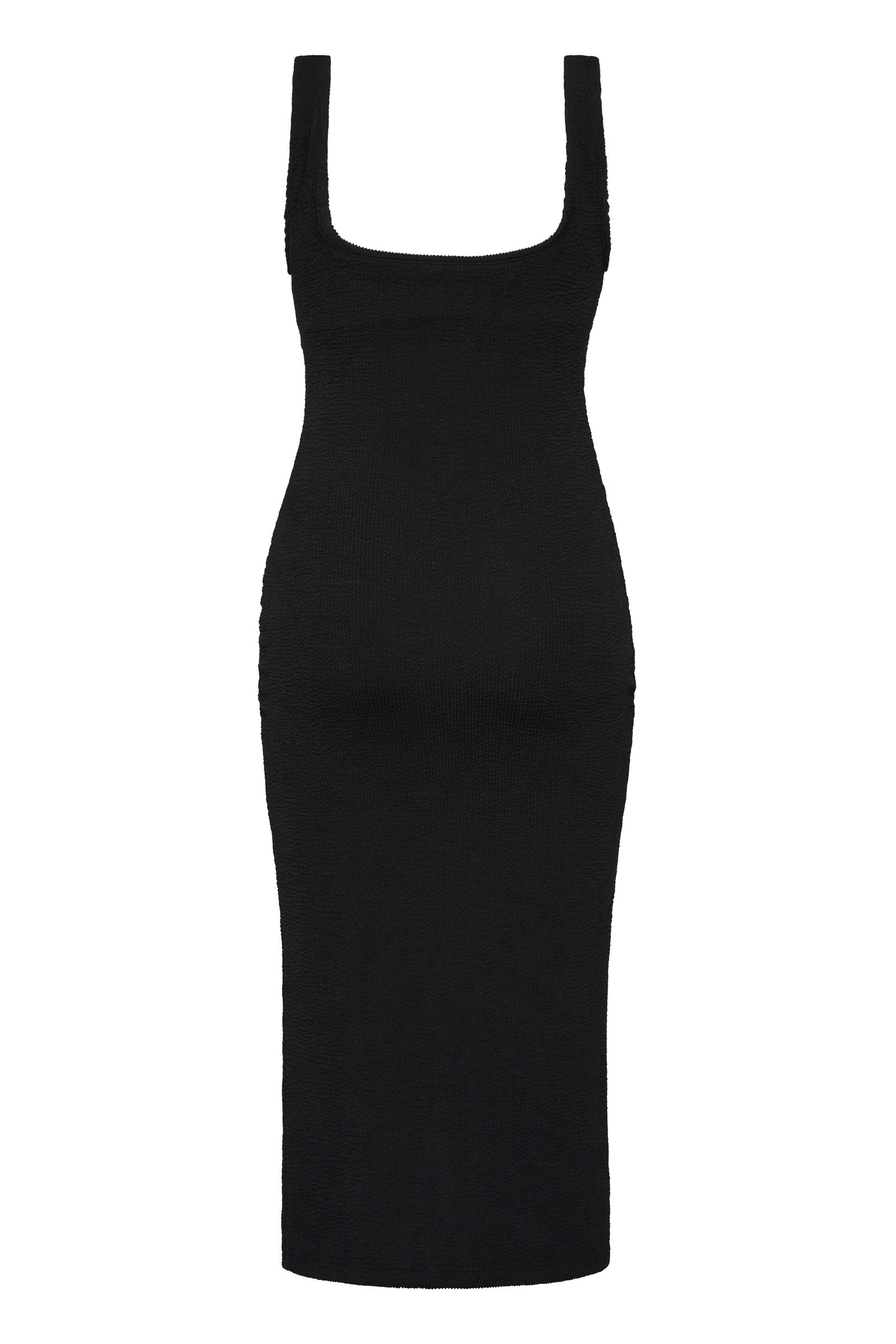 Black textured bodycon midi dress with inbuilt bra support, square neckline, side split and a sleek, sculpting fit. 