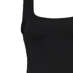 Black textured bodycon midi dress with inbuilt bra support, square neckline, side split and a sleek, sculpting fit. 