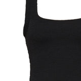 Black textured bodycon midi dress with inbuilt bra support, square neckline, side split and a sleek, sculpting fit. 