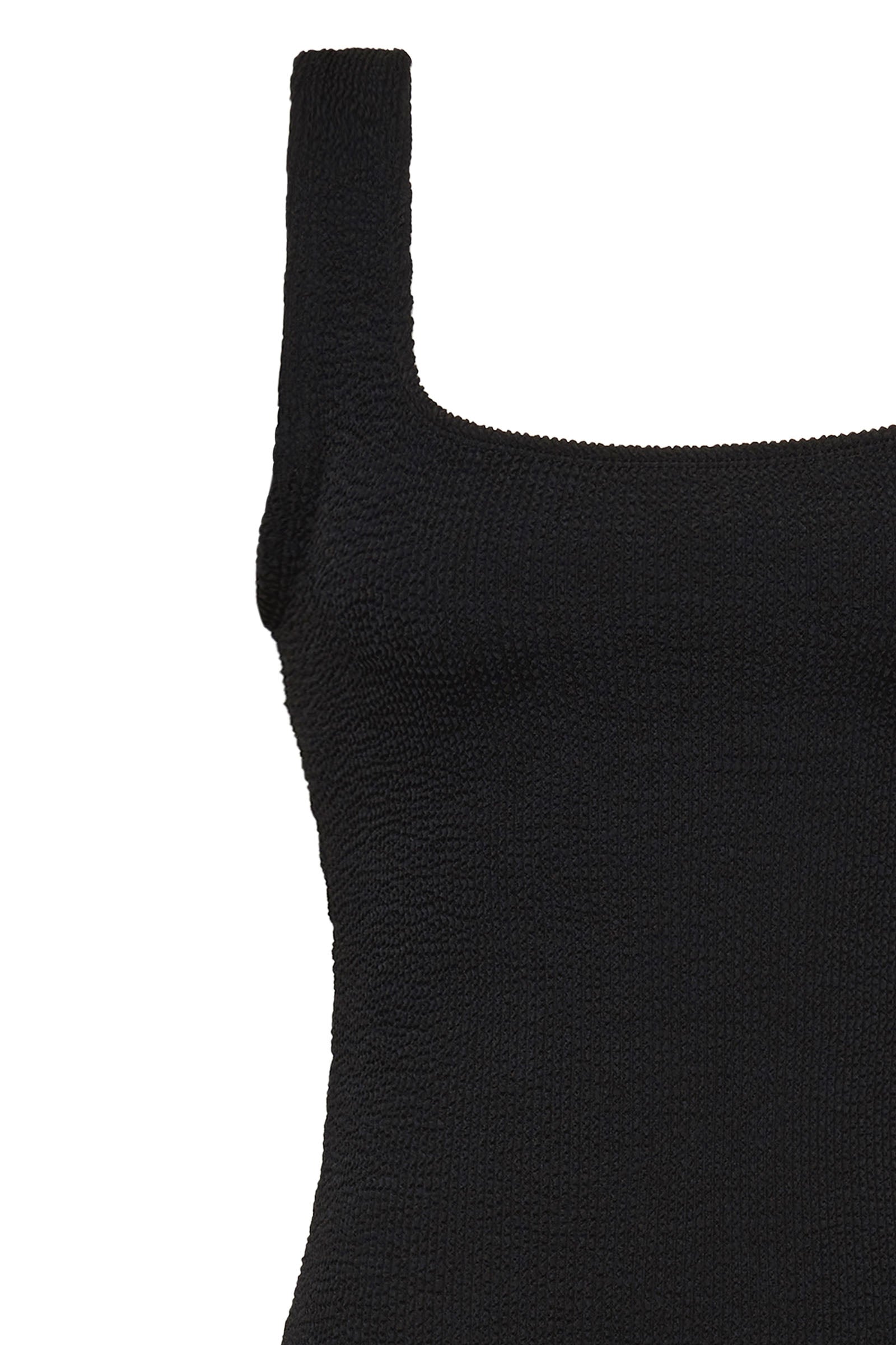 Black textured bodycon midi dress with inbuilt bra support, square neckline, side split and a sleek, sculpting fit. 