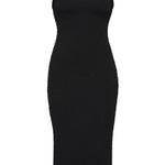 Black textured bodycon midi dress with inbuilt bra support, square neckline, side split and a sleek, sculpting fit. 