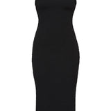 Black textured bodycon midi dress with inbuilt bra support, square neckline, side split and a sleek, sculpting fit. 