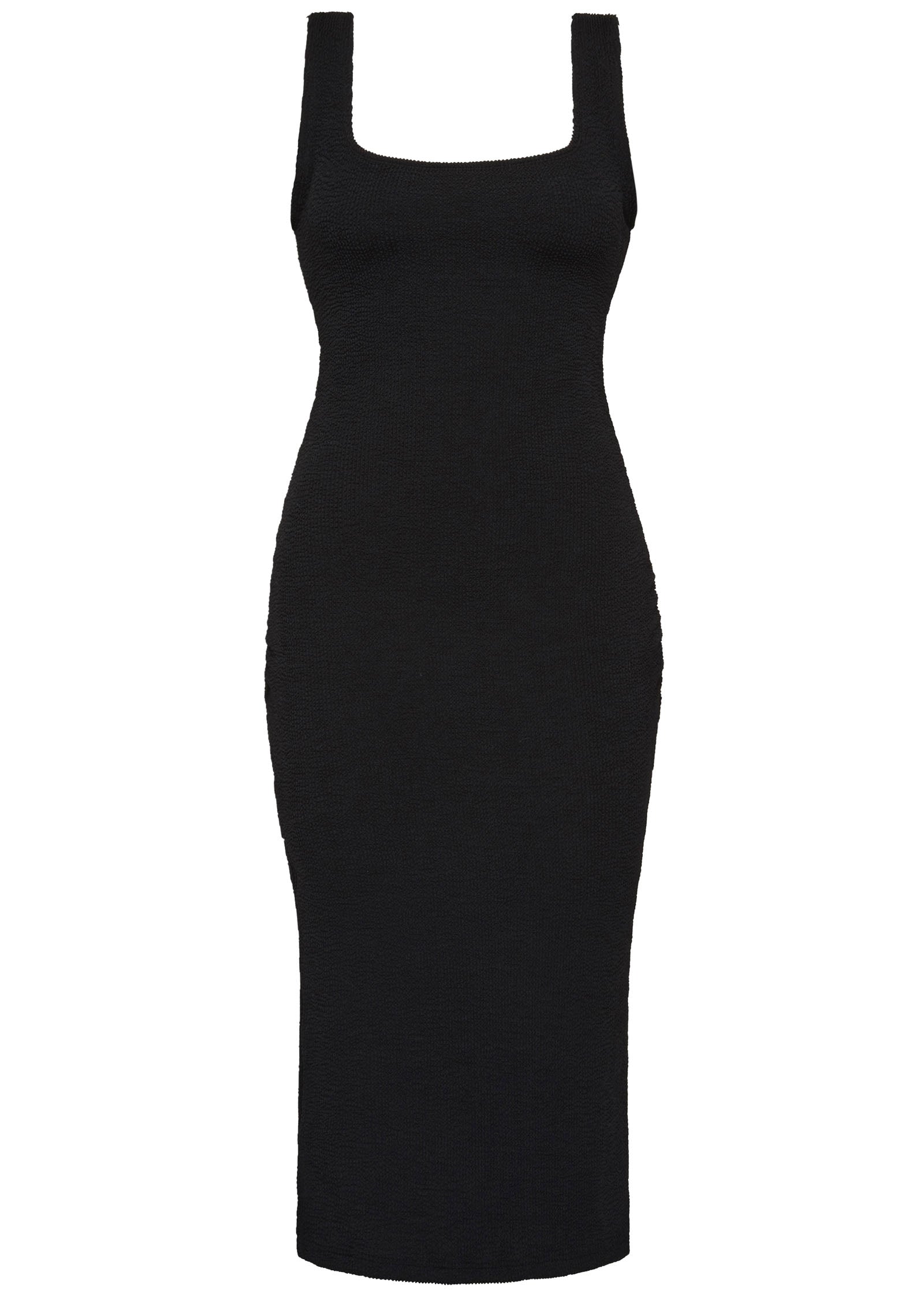 Black textured bodycon midi dress with inbuilt bra support, square neckline, side split and a sleek, sculpting fit. 