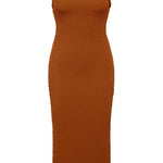 Caramel brown textured bodycon midi dress with inbuilt bra support, square neckline, side split and a sleek, sculpting fit. 