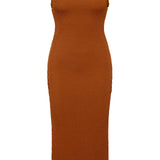 Caramel brown textured bodycon midi dress with inbuilt bra support, square neckline, side split and a sleek, sculpting fit. 