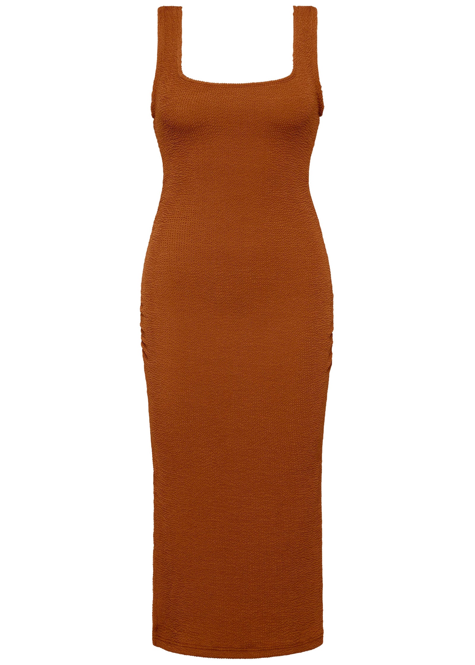 Caramel brown textured bodycon midi dress with inbuilt bra support, square neckline, side split and a sleek, sculpting fit. 