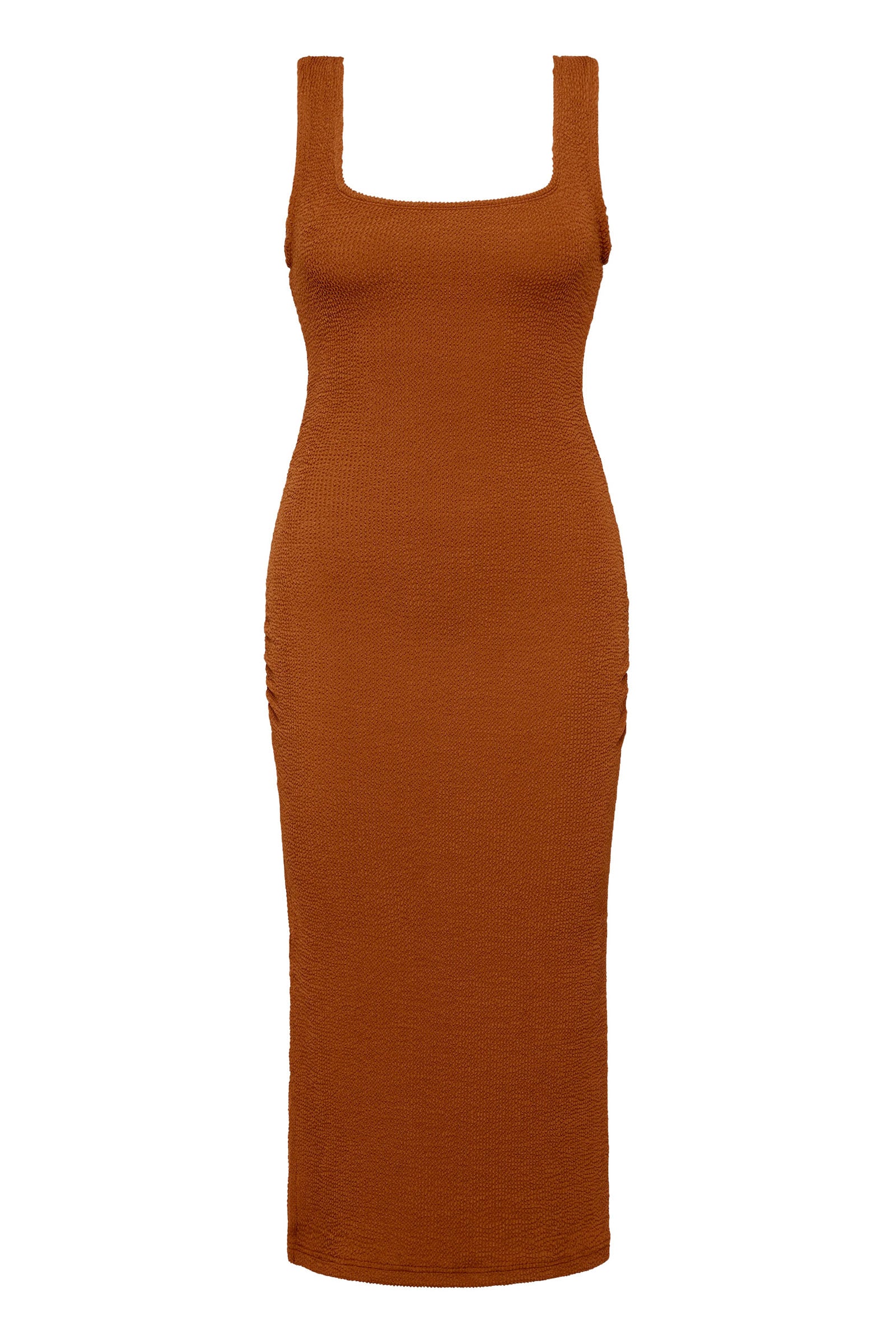 Caramel brown textured bodycon midi dress with inbuilt bra support, square neckline, side split and a sleek, sculpting fit. 