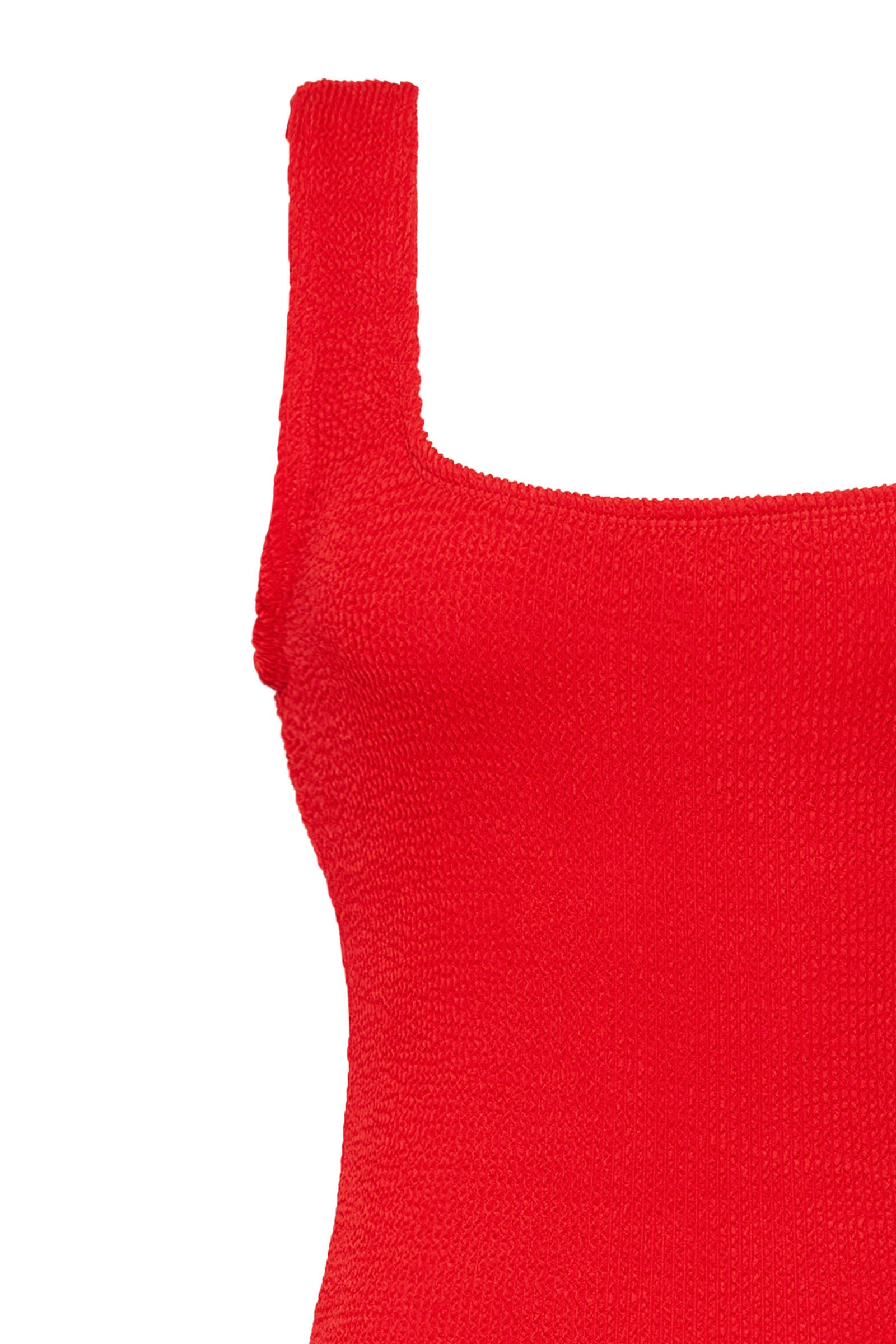 Red textured bodycon midi dress with inbuilt bra support, square neckline, side split and a sleek, sculpting fit. 
