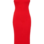 Red textured bodycon midi dress with inbuilt bra support, square neckline, side split and a sleek, sculpting fit. 