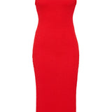 Red textured bodycon midi dress with inbuilt bra support, square neckline, side split and a sleek, sculpting fit. 