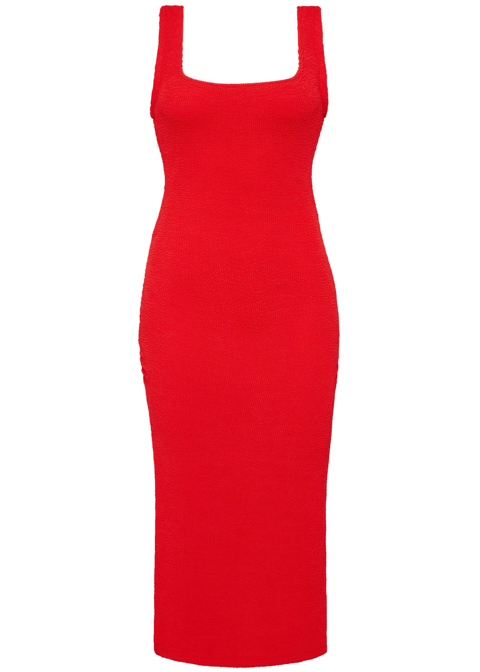 Red textured bodycon midi dress with inbuilt bra support, square neckline, side split and a sleek, sculpting fit. 