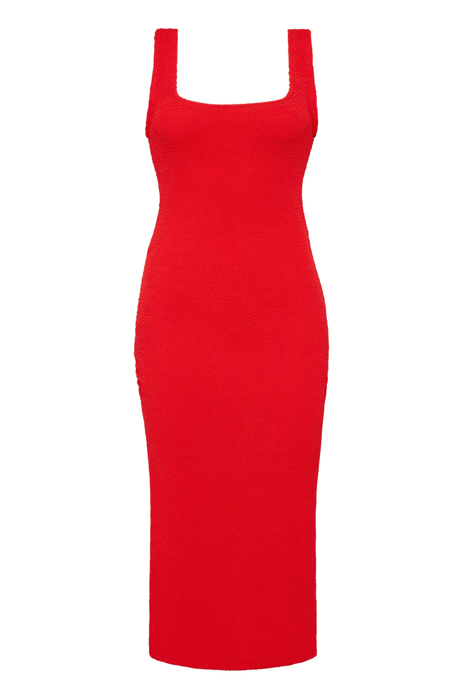 Red textured bodycon midi dress with inbuilt bra support, square neckline, side split and a sleek, sculpting fit. 