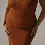 Caramel brown textured bodycon midi dress with inbuilt bra support, square neckline, side split and a sleek, sculpting fit. 