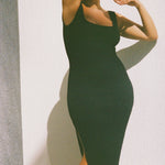 Black textured bodycon midi dress with inbuilt bra support, square neckline, side split and a sleek, sculpting fit. 