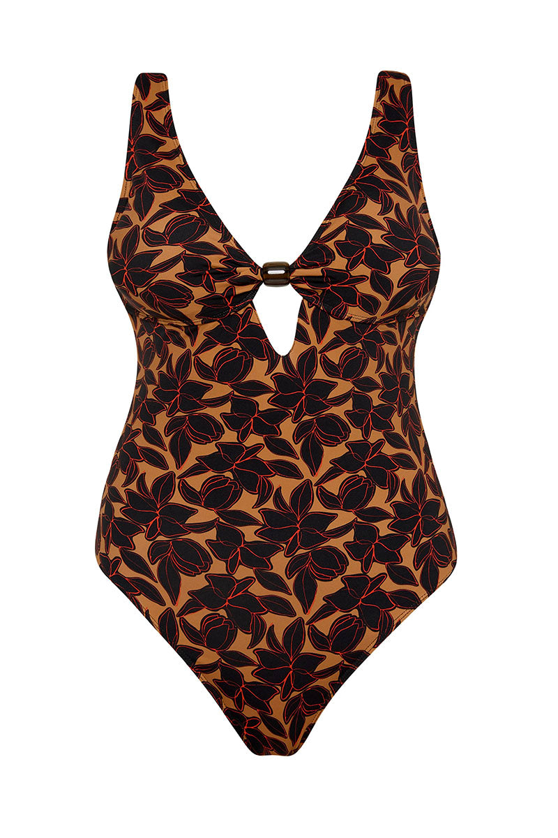 Bokumaia Zinnia One Piece Noir Hibiscus – supportive floral one-piece with full coverage fit