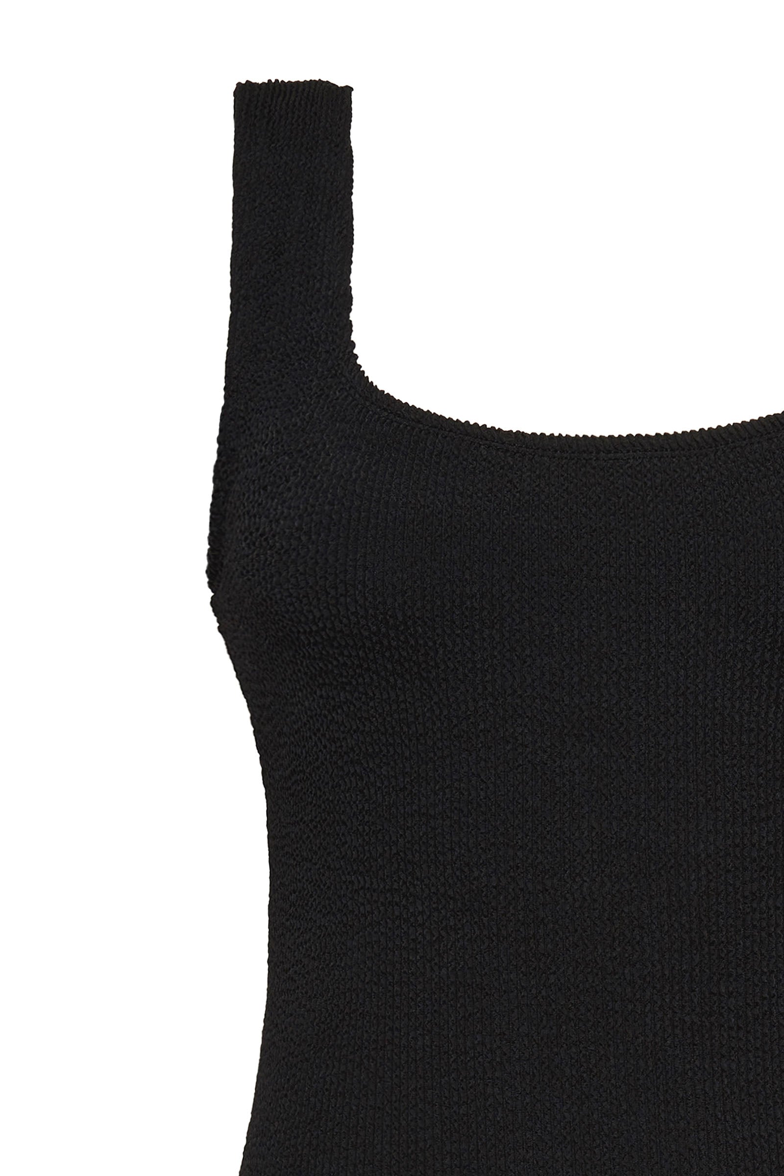 Black textured bodycon mini dress with inbuilt bra support, square neckline and a sleek, sculpting fit. 