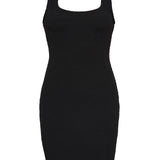 Black textured bodycon mini dress with inbuilt bra support, square neckline and a sleek, sculpting fit. 