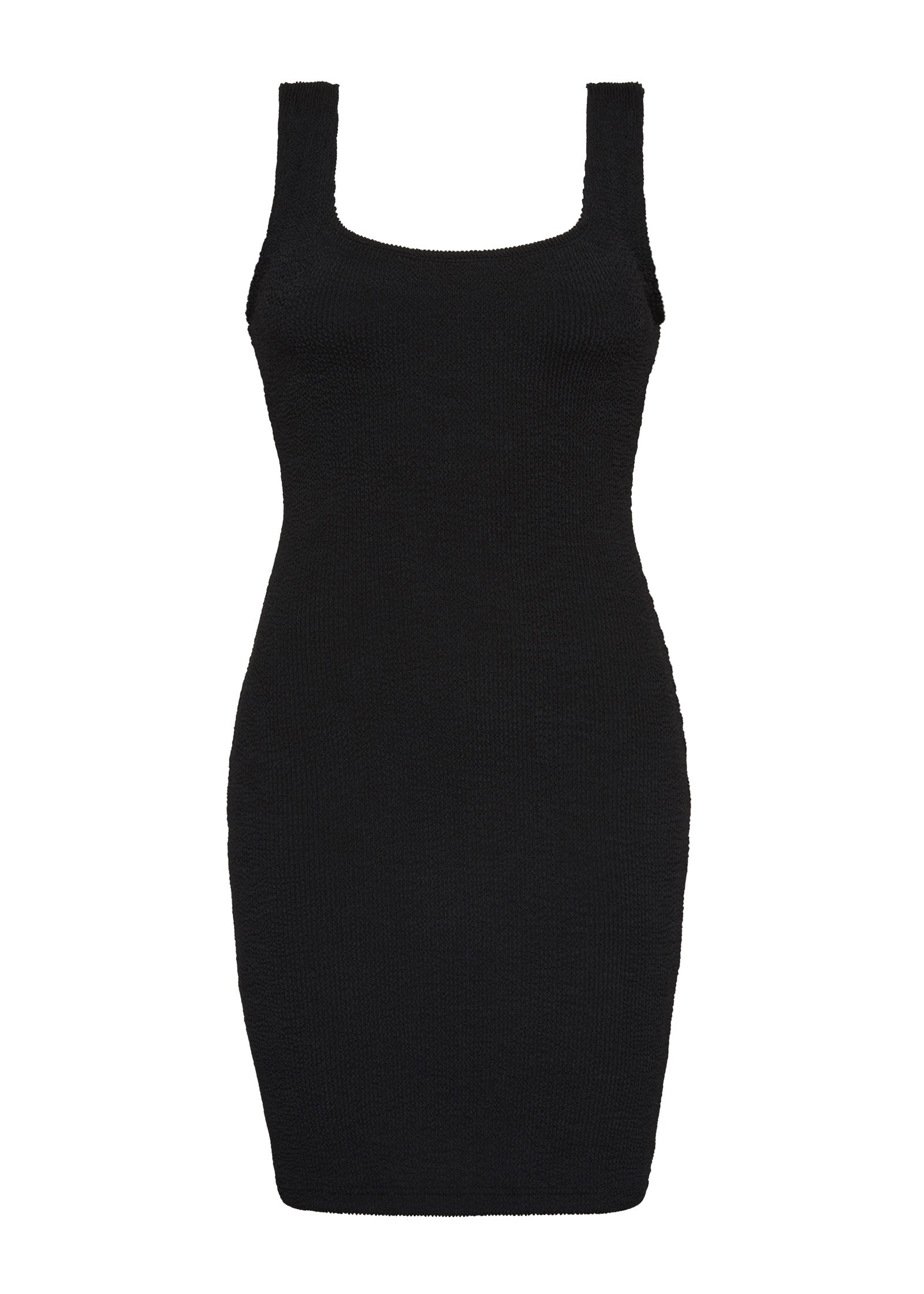 Black textured bodycon mini dress with inbuilt bra support, square neckline and a sleek, sculpting fit. 