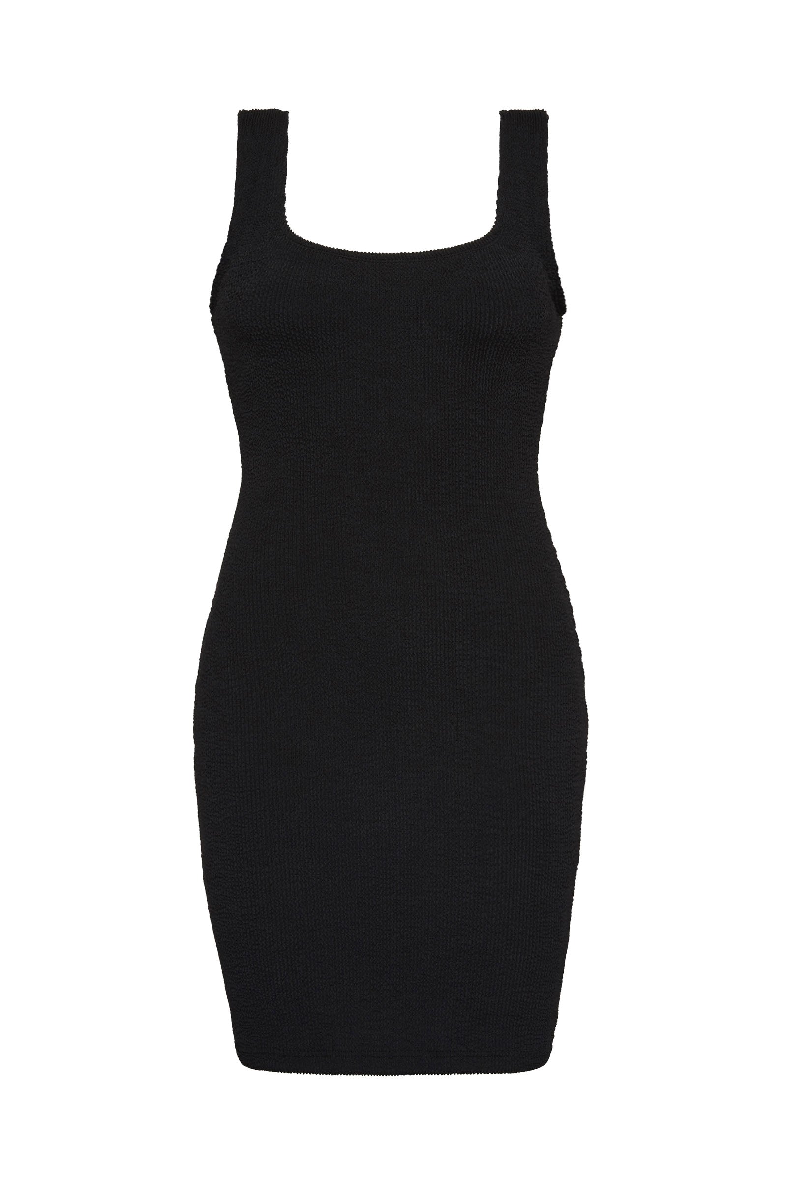 Black textured bodycon mini dress with inbuilt bra support, square neckline and a sleek, sculpting fit. 