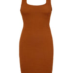Caramel brown textured bodycon mini dress with inbuilt bra support, square neckline and a sleek, sculpting fit. 