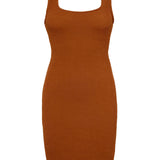 Caramel brown textured bodycon mini dress with inbuilt bra support, square neckline and a sleek, sculpting fit. 