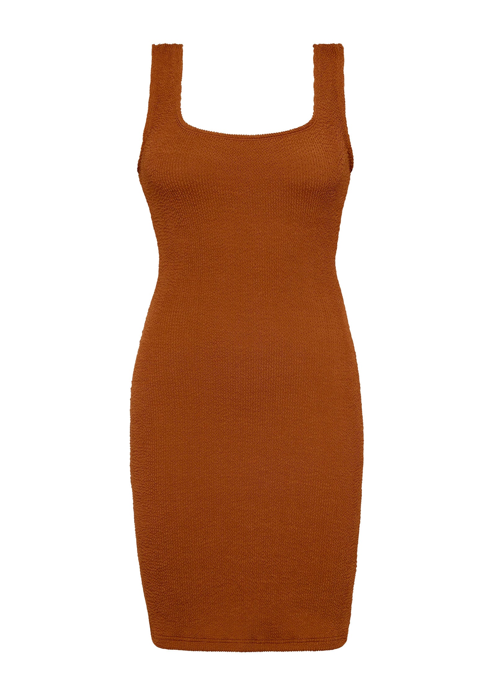 Caramel brown textured bodycon mini dress with inbuilt bra support, square neckline and a sleek, sculpting fit. 