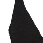 A supportive black textured underwire bikini top with flattering plunge neckline, power mesh lining and adjustable back tie for custom fit. 