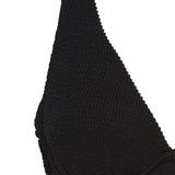 A supportive black textured underwire bikini top with flattering plunge neckline, power mesh lining and adjustable back tie for custom fit. 