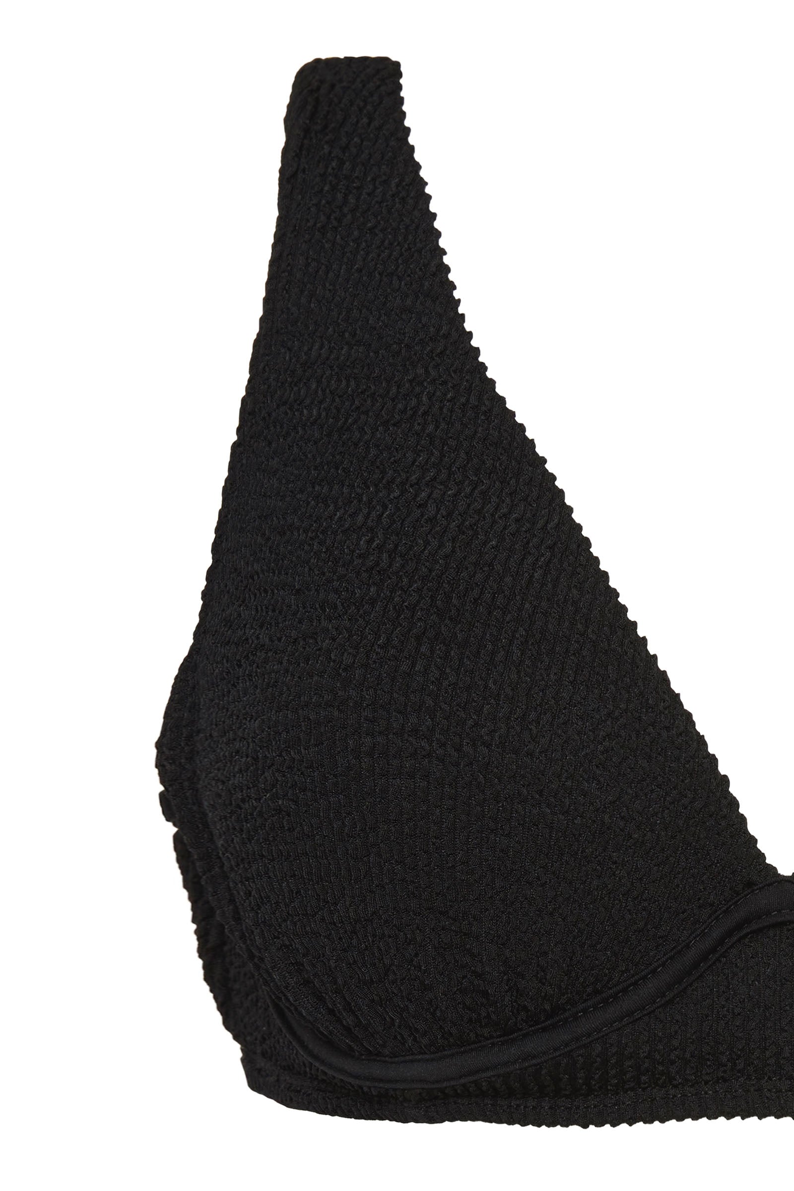 A supportive black textured underwire bikini top with flattering plunge neckline, power mesh lining and adjustable back tie for custom fit. 