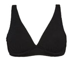 A supportive black textured underwire bikini top with flattering plunge neckline, power mesh lining and adjustable back tie for custom fit. 