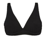 A supportive black textured underwire bikini top with flattering plunge neckline, power mesh lining and adjustable back tie for custom fit. 