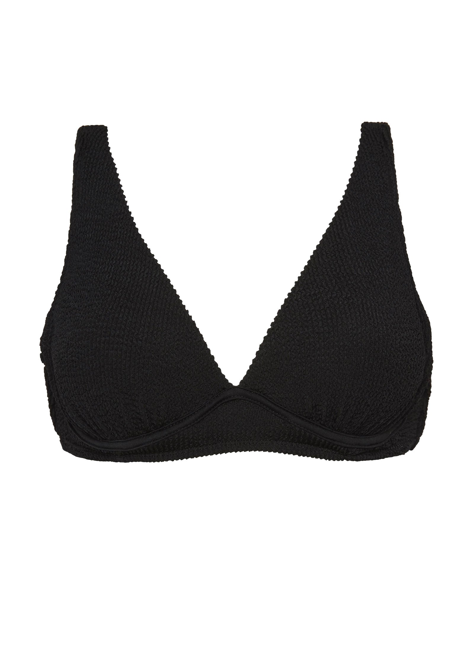 A supportive black textured underwire bikini top with flattering plunge neckline, power mesh lining and adjustable back tie for custom fit. 