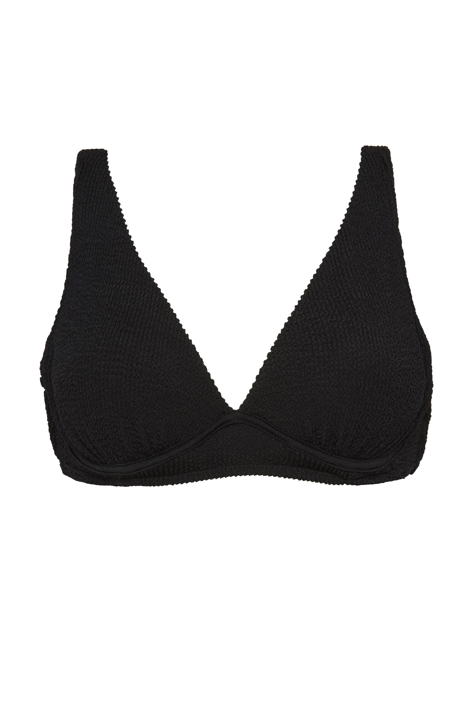 A supportive black textured underwire bikini top with flattering plunge neckline, power mesh lining and adjustable back tie for custom fit. 