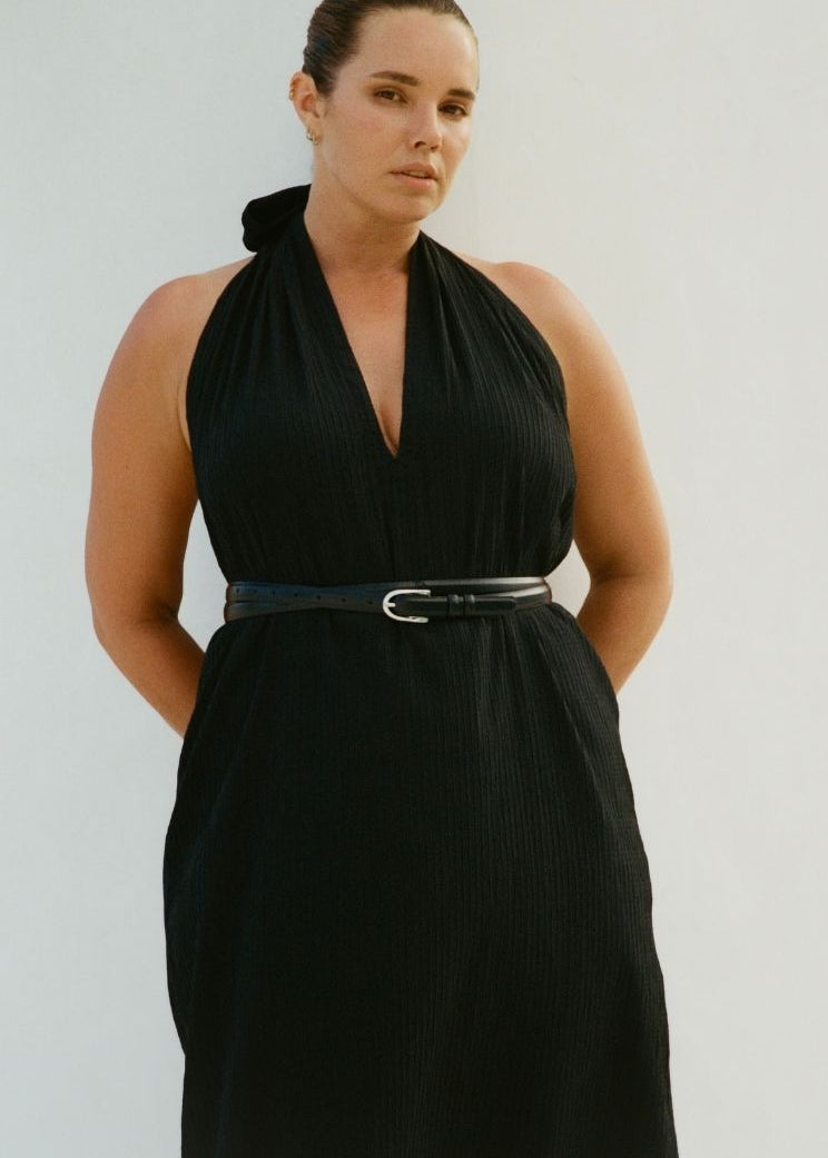 Bettina Midi Dress Black halter neck plunge neckline and belted waist detail