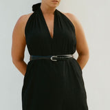 Bettina Midi Dress Black halter neck plunge neckline and belted waist detail