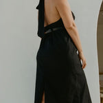 Bettina Midi Dress Black showing open back and side split hem