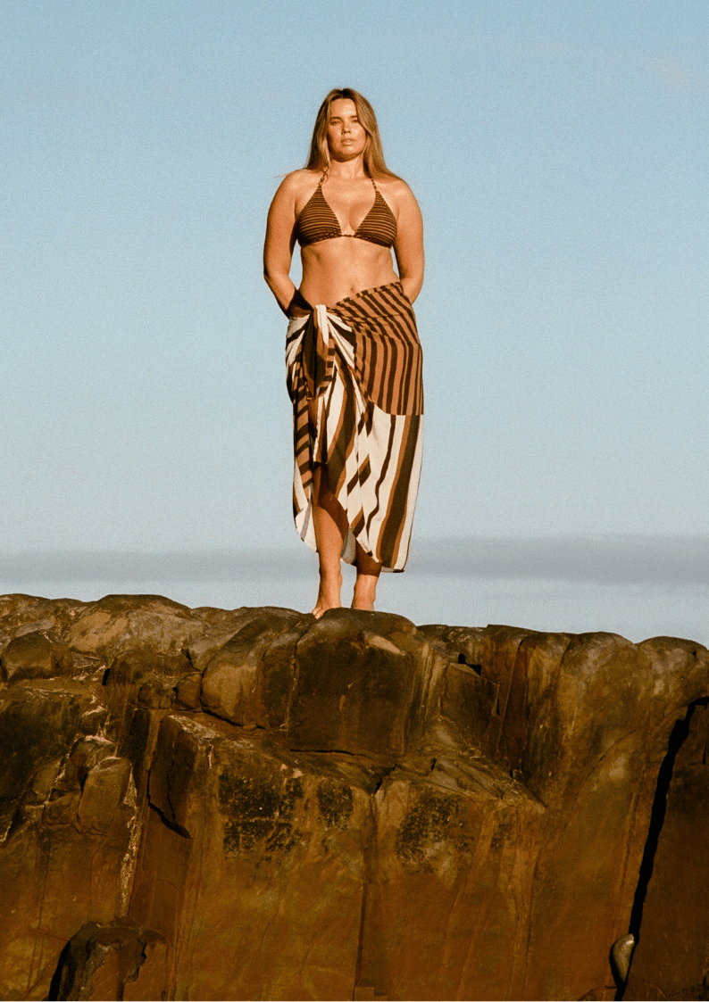 bokumaia mocha stripe large sarong worn with matching bikini beach cover up resort styling