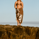 bokumaia mocha stripe large sarong worn with matching bikini beach cover up resort styling