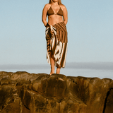 bokumaia mocha stripe large sarong worn with matching bikini beach cover up resort styling
