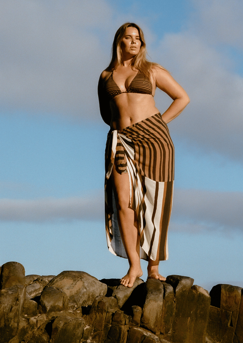 bokumaia mocha stripe print large sarong full coverage wrap skirt styled with matching bikini