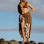 bokumaia mocha stripe print large sarong full coverage wrap skirt styled with matching bikini