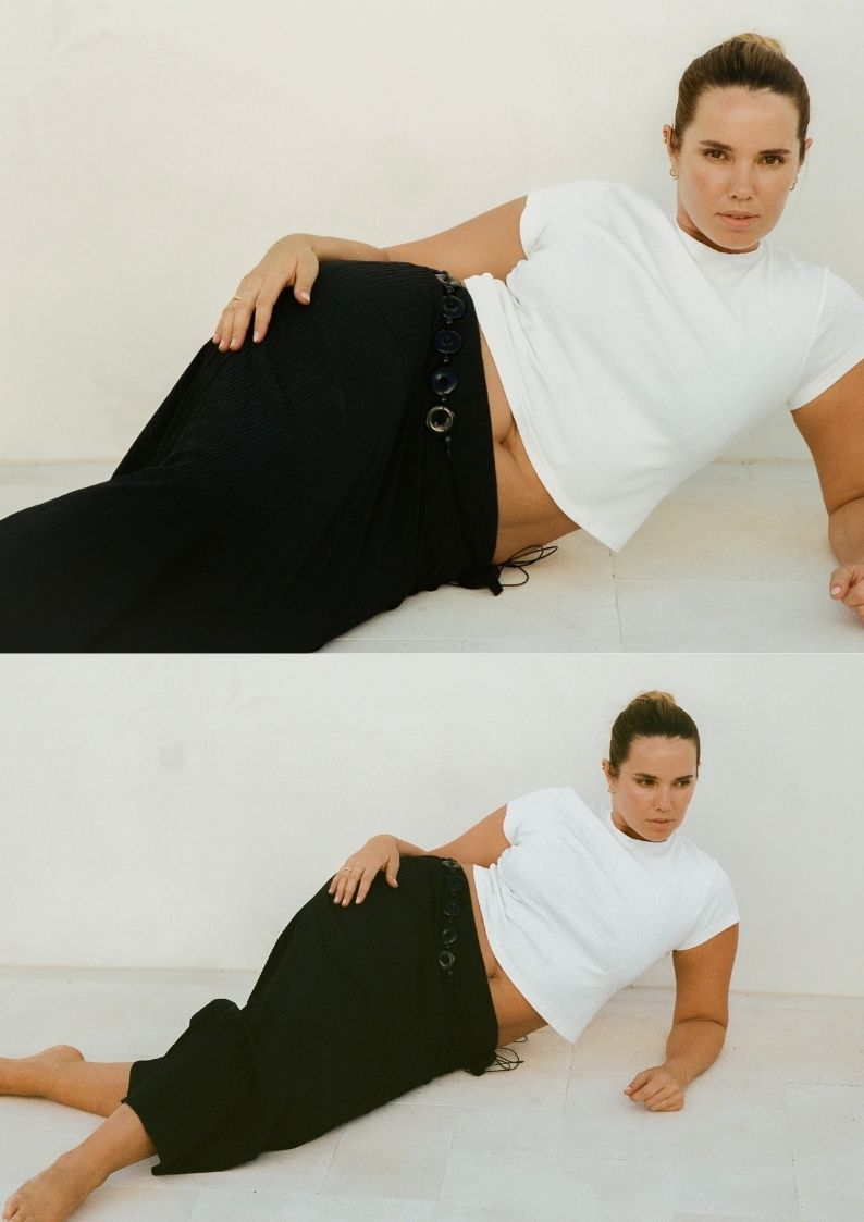 Bree McCann wears Dahlia Midi Skirt Black styled with white tee, textured cotton midi silhouette