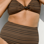 close up of mocha stripe supportive bikini top showing centre bead detail and contoured fit