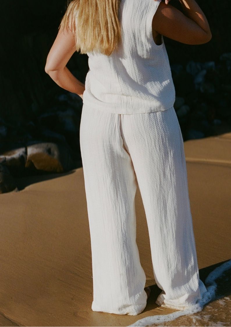 Back view of Echo Tank Ecru relaxed fit in mid-weight textured linen