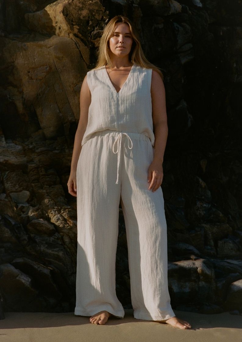 Echo Tank Ecru paired with Echo Pant for relaxed warm-weather dressing