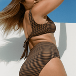 Close-up of Bokumaia Fior Bottom in Mocha Stripe – sculpting high-rise fit and smooth full coverage back